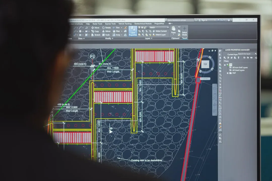 Zdjęcie przedstawia ekran komputera z widocznym interfejsem programu Autodesk AutoCAD Civil 3D, wykorzystywanego w projektowaniu inżynieryjnym i architektonicznym. Na ekranie widać szczegółowe rysunki techniczne z adnotacjami i wymiarami, co wskazuje na precyzję i planowanie w projektach budowlanych. — Zdjęcie: ThisisEngineering