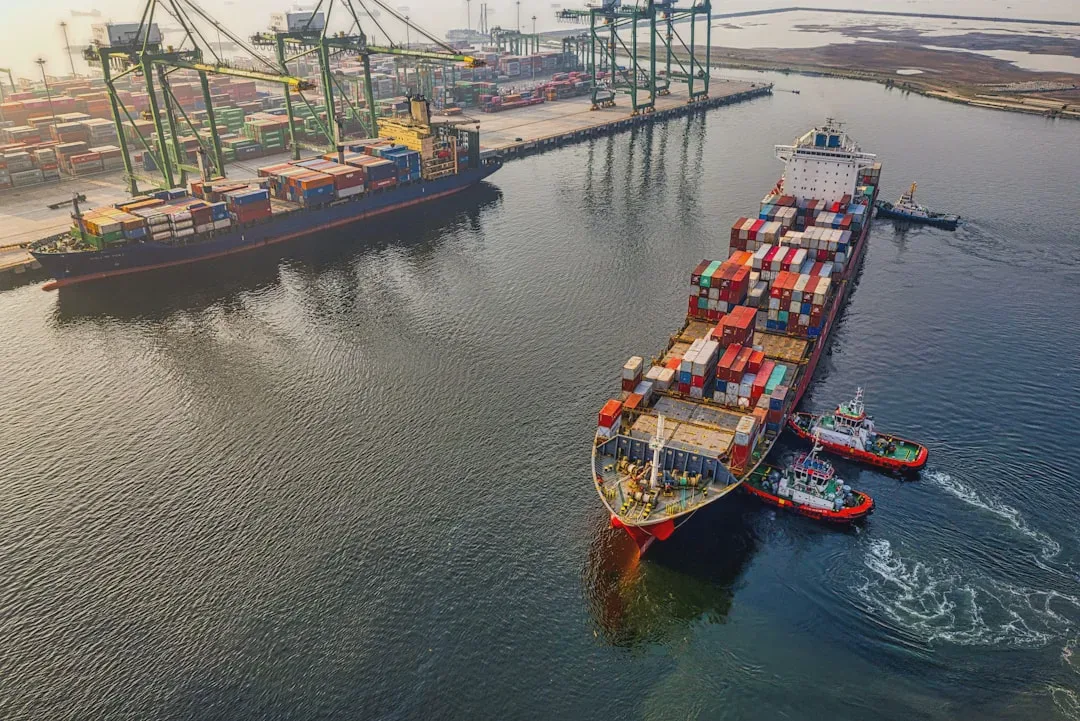 Zdjęcie przedstawia tętniący życiem port z dużymi statkami towarowymi załadowanymi kontenerami, w otoczeniu mniejszych holowników. Kolorowe kontenery i ruch wokół jednostek nadają zdjęciu dynamiczny charakter. — Zdjęcie: william william